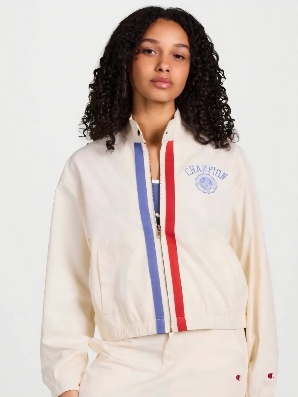 Champion Cream Track Jacket with Red & Blue Trim, 100% Cotton